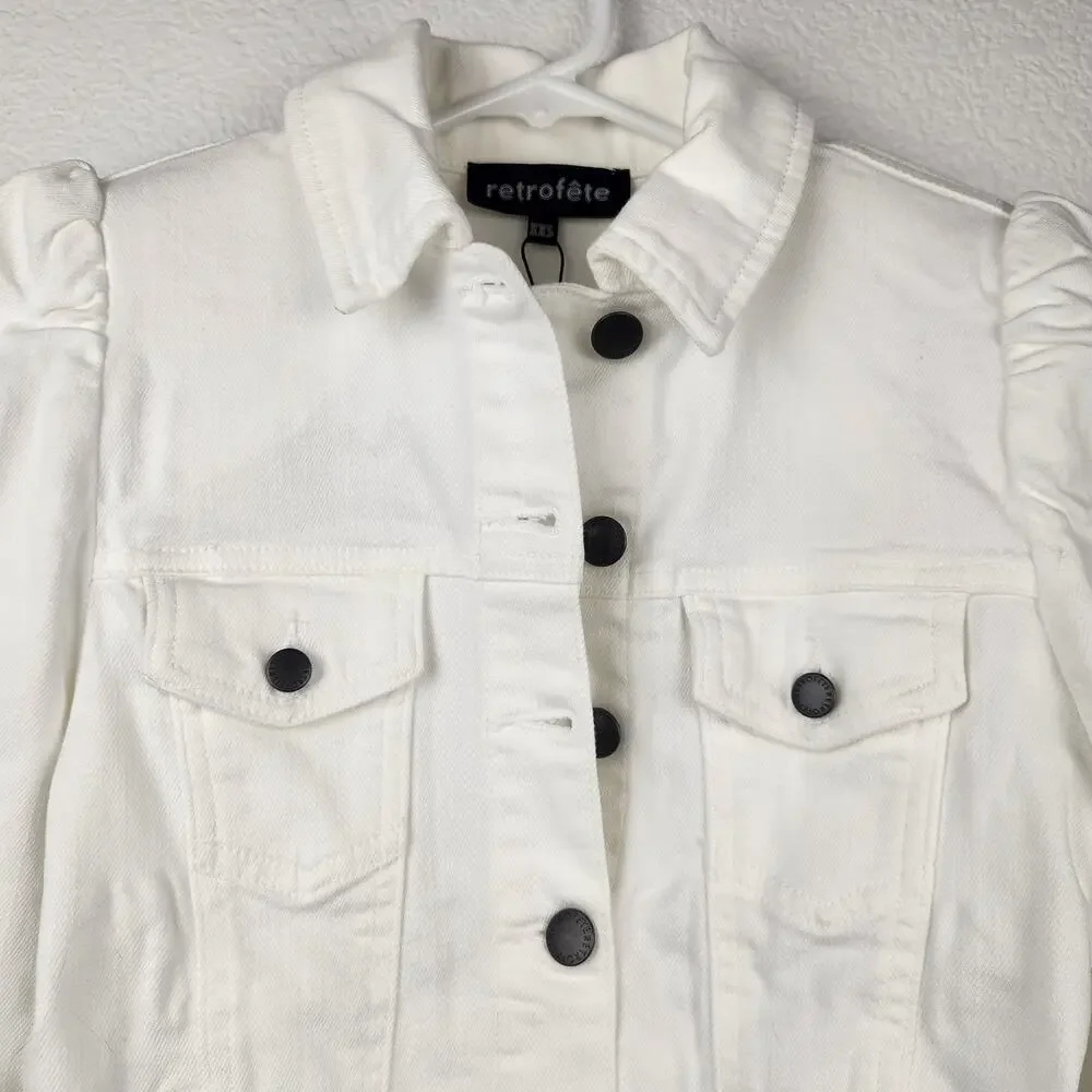 Retrofete Ada Denim Jacket White Puff Sleeve Size XXS NWT